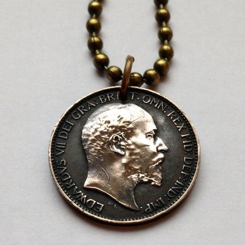 1905 United Kingdom Great Britain 1 Farthing coin pendant necklace jewelry King Edward VII Britannia British crown English London n001008