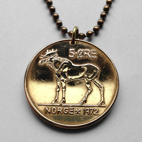 1973 Norway Norge Noreg 5 Ore coin pendant Eurasian elk moose Oslo Norwegian deer Nordic Stavanger Sandnes folkedrakt Bunad Norse sagas n000250