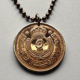 1949 Jordan 5 Fils coin pendant necklace jewelry Royal Hashemite Crown Amman Petra Zarqa Irbid Russeifa Al Quwaysimah Transjordan Al-Khazneh Wadi Rum Jerash Qusayr 'Amra Madaba Hashim Tilā' al-'Alī n001654