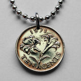 1990 Bermuda 10 Cents coin pendant necklace fashion jewelry Bermudian Lily Hamilton Paget Pembroke Sandys Smith's British Sea Venture ship British West Indies flower blossom bouquet coral reefs Gibbs Hill Lighthouse n000141