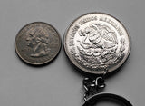 1984 Mexico 50 Pesos coin keychain pendant Coyolxauhqui Templo Mayor stone disk Aztec mythology Mexican eagle Tlatoani Guerrero Jalisco n001930
