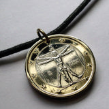 2002 Italy 1 Euro coin pendant necklace jewelry Vitruvian Man Leonardo da Vinci Vitruvius Canon of Proportions human body Rome Florence Venice Milan Torino Napoli Palermo Matera Amalfi Coast Pisa Siena Parma n000559