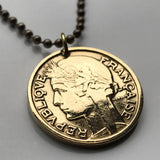 1937 France 2 Francs coin pendant necklace jewelry Marianne French La Semeuse phrygian cap Paris la Fête nationale Louvre Seine river n000455