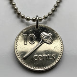 1981 Fiji 10 Cents coin pendant necklace jewelry throwing club ula tava tava Suva Ba Coral Coast South Pacific Polynesian UK British necklace n002281