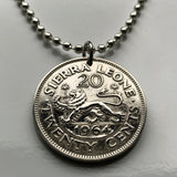 1964 Sierra Leone 20 Cent coin pendant African lion Freetown Bo Lunsar Port Loko Limba Kailahun Mattru Pujehun Milton Margai Moyamba n002403