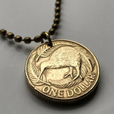 1990 New Zealand 1 Dollar coin pendant necklace jewelry Kiwi bird Wellington Maori Pacific island Oceania British Hawaiki North South Island haka n001336