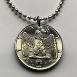 1940 Italy 1 Lira coin pendant Italian eagle World War 2 era fascist Savoy shield Benito Mussolini Rome Milan Florence Venice Napoli Torino Verona Palermo Bologna Genoa Siena Capri Sardinia Parma San Gimignano Lazio Cagliari Pisa Roman empire n001763