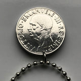 1940 Italy 1 Lira coin pendant Italian eagle World War 2 era fascist Savoy shield Benito Mussolini Rome Milan Florence Venice Napoli Torino Verona Palermo Bologna Genoa Siena Capri Sardinia Parma San Gimignano Lazio Cagliari Pisa Roman empire n001763