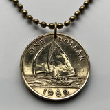 1988 Bermuda Dollar coin pendant Bermudian rig sail boat Hamilton ship Yachting sea beach caribbean island vacation necklace n002470