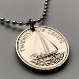 2005 Bahamas 25 Cent coin pendant Bahamian Sloop sailboat Nassau Andros Exuma & Cays Junkanoo Rose Island Rum Cay Paradise Island Pineapple Fest Gregory Town Blue Lagoon Lucayan New Providence Eleuthera Grand Bahama Gold Rock Coco Plum Beach n000204