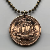 1965 United Kingdom 1/2 Penny coin pendant Golden Hind ship British galleon Great Britain Manchester English England London n000009