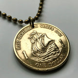 1981 East Caribbean States 1 Dollar coin pendant Golden Hind ship galleon UK Leeward Islands British Virgin Islands Windward Islands n002483