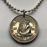 1957 British East Caribbean States 25 Cents coin pendant necklace jewelry Golden Hind Antigua Barbuda Dominica Grenada Saint Lucia Saint Vincent Grenadines Saint Kitts Nevis Anguilla Montserrat Martinique Trinidad Barbados n000595