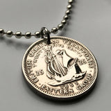 1957 British East Caribbean States 25 Cents coin pendant necklace jewelry Golden Hind Antigua Barbuda Dominica Grenada Saint Lucia Saint Vincent Grenadines Saint Kitts Nevis Anguilla Montserrat Martinique Trinidad Barbados n000595