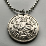 1964 Sierra Leone 20 Cent coin pendant African lion Freetown Bo Lunsar Port Loko Limba Kailahun Mattru Pujehun Milton Margai Moyamba n002403