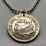 1978 Indonesia 100 Rupiah coin pendant Minangkabau house tree of life Jakarta Forestry prosperity Buddhist Sumatra Papua Sundanese n002067
