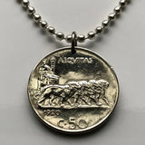 1920 Italy 50 Centesimi coin pendant Italian chariot lions Rome Florence Modena Bergamo Tuscany Apulia Ancona Trento Treviso Sorrento n000561