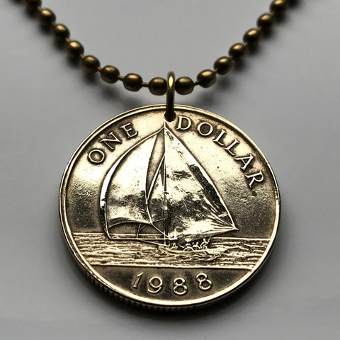 1988 Bermuda Dollar coin pendant Bermudian rig sail boat Hamilton ship Yachting sea beach caribbean island vacation necklace n002470