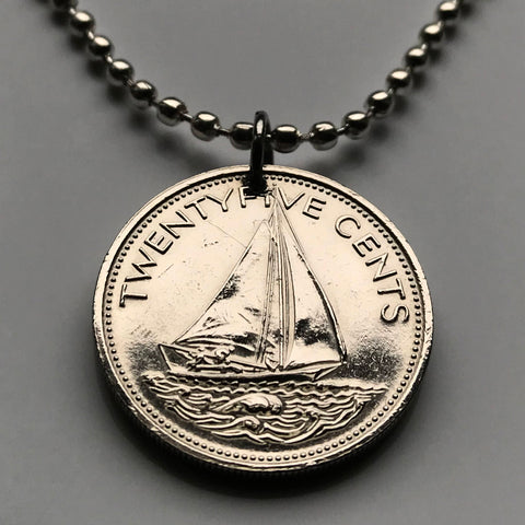 2005 Bahamas 25 Cent coin pendant Bahamian Sloop sailboat Nassau Andros Exuma & Cays Junkanoo Rose Island Rum Cay Paradise Island Pineapple Fest Gregory Town Blue Lagoon Lucayan New Providence Eleuthera Grand Bahama Gold Rock Coco Plum Beach n000204