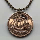 1965 United Kingdom 1/2 Penny coin pendant Golden Hind ship British galleon Great Britain Manchester English England London n000009