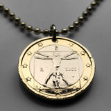 2002 Italy 1 Euro coin pendant Vitruvian Man Leonardo da Vinci Vitruvius Canon of Proportions human body Rome Florence Venice Milan Torino Napoli Palermo Matera Amalfi Coast Pisa Siena Parma n000559