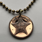 1985 Bahamas 1 Cent coin pendant  Bahamian starfish sea star Nassau Andros Exuma Junkanoo Rose Island Lighthouse Beach Rum Cay sand sea Paradise Island caribbean Junkanoo music Cabbage Beach Bay Street New Providence Eleuthera Gold Rock Beach n001410