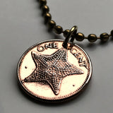 1985 Bahamas 1 Cent coin pendant  Bahamian starfish sea star Nassau Andros Exuma Junkanoo Rose Island Lighthouse Beach Rum Cay sand sea Paradise Island caribbean Junkanoo music Cabbage Beach Bay Street New Providence Eleuthera Gold Rock Beach n001410