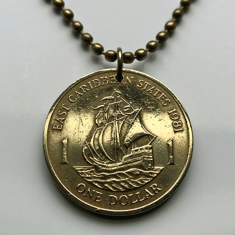 1981 East Caribbean States Dollar coin pendant Golden Hind ship galleon UK Leeward Islands British Virgin Islands Windward Islands n002483