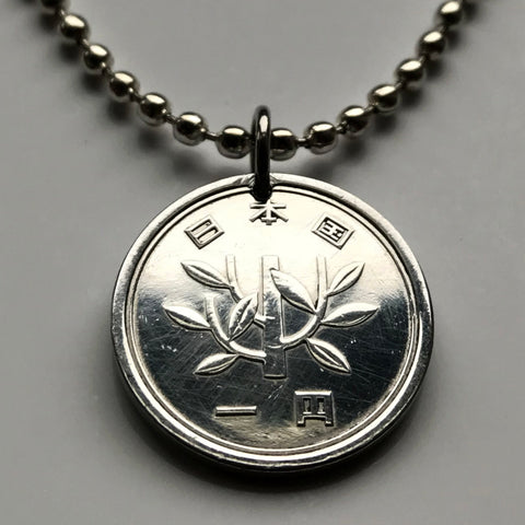 1974 Japan Nippon 1 Yen coin pendant necklace jewelry young tree blossom flower Japanese kanji floral Tokyo Osaka Nagasaki Kyoto planting n002430a