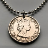 1957 British East Caribbean States 25 Cents coin pendant necklace jewelry Golden Hind Antigua Barbuda Dominica Grenada Saint Lucia Saint Vincent Grenadines Saint Kitts Nevis Anguilla Montserrat Martinique Trinidad Barbados n000595