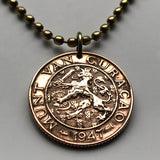 1947 Curacao Netherlands Antilles 2-1/2 Cent coin pendant necklace jewelry Dutch lion Caribbean island Playa Kenepa Sint Anna Schottegat Bay Amsterdam World War 2 WWII n000731
