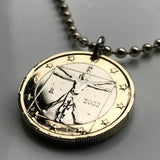 2002 Italy 1 Euro coin pendant Vitruvian Man Leonardo da Vinci Vitruvius Canon of Proportions human body Rome Florence Venice Milan Torino Napoli Palermo Matera Amalfi Coast Pisa Siena Parma n000559