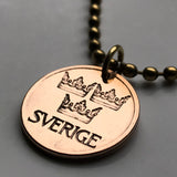 1973 Sweden Sverige 5 Ore coin pendant necklace Tre Kroner Swedish 3 crowns Stockholm Malmo Orebro Uppsala Linkoping Svear Svealand Swedes Gotaland Norrland Goteborg Scandinavia Nordic Vasteras Helsingborg Norrkoping Scania Vikings Norsemen Sami n000418