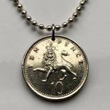 1992 United Kingdom England 10 Pence coin pendant necklace jewelry English lion London Manchester Birmingham Sheffield Liverpool Leeds Newcastle Reading Portsmouth Norwich Essex Kent Great Britain n001673