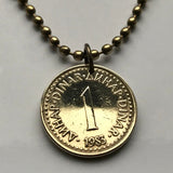 1985 Yugoslavia Jugoslavija 1 Dinar coin pendant necklace jewelry Serbia Croatia Belgrade Bosnia Herzegovina Slovenia Srbija Balkans South Slavic n001368