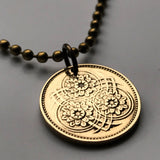 1991 Guyana 5 Cents coin pendant Guyanese Lotus Flower Stylized blossom flowering plant British Guiana Hindu necklace n000076