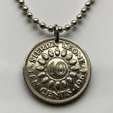 1964 Sierra Leone 10 Cent coin pendant cacao pods cocoa Freetown Bo Lunsar Port Loko Limba Kailahun Mattru Pujehun Milton Margai n002648