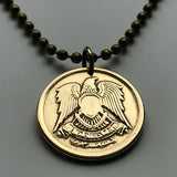 1973 Egypt 10 Milliemes coin pendant necklace jewelry Hawk of Quraish falcon eagle Egyptian Libyan Federation of Arab Republics Middle East shield n002710