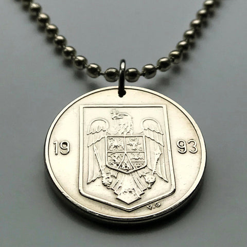 1993 Romania 10 Lei coin pendant golden eagle Bucharest Cluj-Napoca Iasi Moldavia Wallachia Constanța Timisoara Brasov Craiova Galati Oradea Constanta Ploiesti Braila Sibiu Transylvania Michael the Brave Vlad Dracula Impaler Vlachs Poenari castle n002731