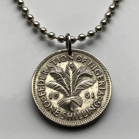 1959 Nigeria 1 Schilling Münze Anhänger Halskette Schmuck Palmblätter Abuja Afrikanische Pflanze Jos Ilorin Kaduna Enugu Zaria Warri Ikorodu Maiduguri Aba Ife n000197