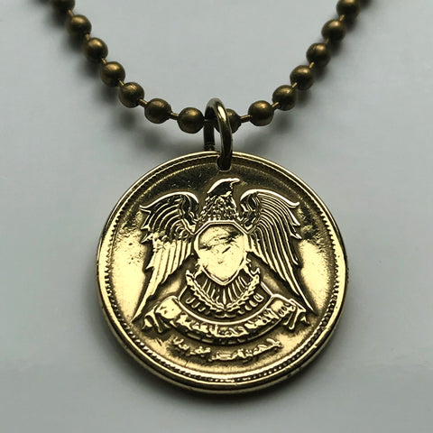 1973 Egypt 10 Milliemes coin pendant necklace jewelry Hawk of Quraish falcon eagle Egyptian Libyan Federation of Arab Republics Middle East shield n002710