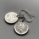 1966 Austria Osterreich 2 Groschen coin earrings Austrian eagle Habsburg shield Vienna Salzburg Graz Linz Innsbruck Styria Klagenfurt Tyrol Villach Carinthia Wels Sankt Pölten Kufstein Vorarlberg Hallstatt Alpine Wachau valley Krems Sölden Ischgl e000066