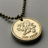 1995 Wales United Kingdom Great Britain 1 Pound coin pendant necklace jewelry red Welsh Dragon Cardiff Swansea Newport Wrexham Barry Neath Cwmbran Bridgend Llanelli Merthyr Caerphilly Port Talbot Tydfil British n001457