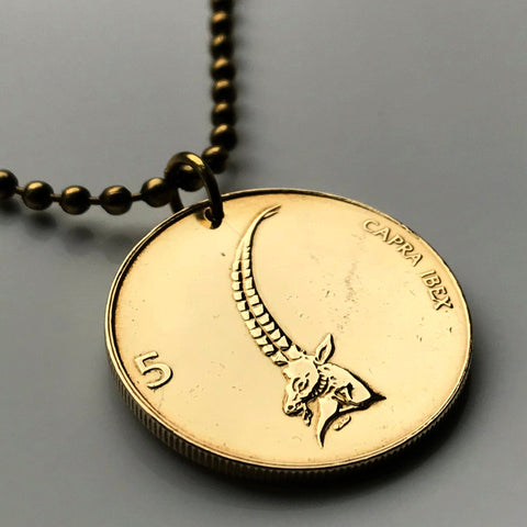 1993 Slovenia Slovenija 5 Tolarjev coin pendant necklace Slovene jewelry Alpine ibex steinbock wild mountain goat Ljubljana Velenje Novo Mesto Lake Bled Postojna Ptuj Cave Planica Julian Alps n002758