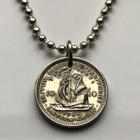 1956 UK East Caribbean State 10 Cent coin pendant Golden Hind galleon ship Antilles Caribbees Leeward British Virgin Windward Island n000808