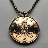 Wales United Kingdom Great Britain 2 Pence coin pendant necklace jewelry Prince of Wales ostrich feathers Welsh badge plume Cardiff Swansea Newport Wrexham Barry Neath Anglesey Conwy Caernarfon Caerphilly Castle n000236
