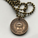 1908 Hungary Magyars 2 Filler coin pendant necklace jewelry Hungarian Holy Crown of Saint Stephen Szent Korona Budapest Debrecen Szeged Miskolc Pécs Győr Gellért Hill Nyíregyháza Jászság Fejér Hajdú-Bihar n000889