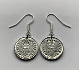 1966 Austria Osterreich 2 Groschen coin earrings Austrian eagle Habsburg shield Vienna Salzburg Graz Linz Innsbruck Styria Klagenfurt Tyrol Villach Carinthia Wels Sankt Pölten Kufstein Vorarlberg Hallstatt Alpine Wachau valley Krems Sölden Ischgl e000066