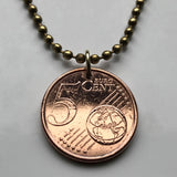 Spain España 5 Euro Cent coin pendant necklace jewelry Camino de Santiago Compostela cathedral Galicia Way of Saint James apostle Ourense Ferrol Christianity Praza do Obradoiro Lugo pilgrimage Madrid Sevilla Pontevedra n000548
