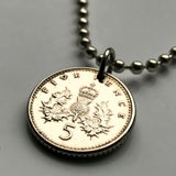 United Kingdom Scotland 5 Pence coin pendant necklace jewelry crowned Scottish thistle Edinburgh Glasgow Aberdeen Dundee Paisley Stirling St Andrews Perth royal badge Scots jewelry British n001650